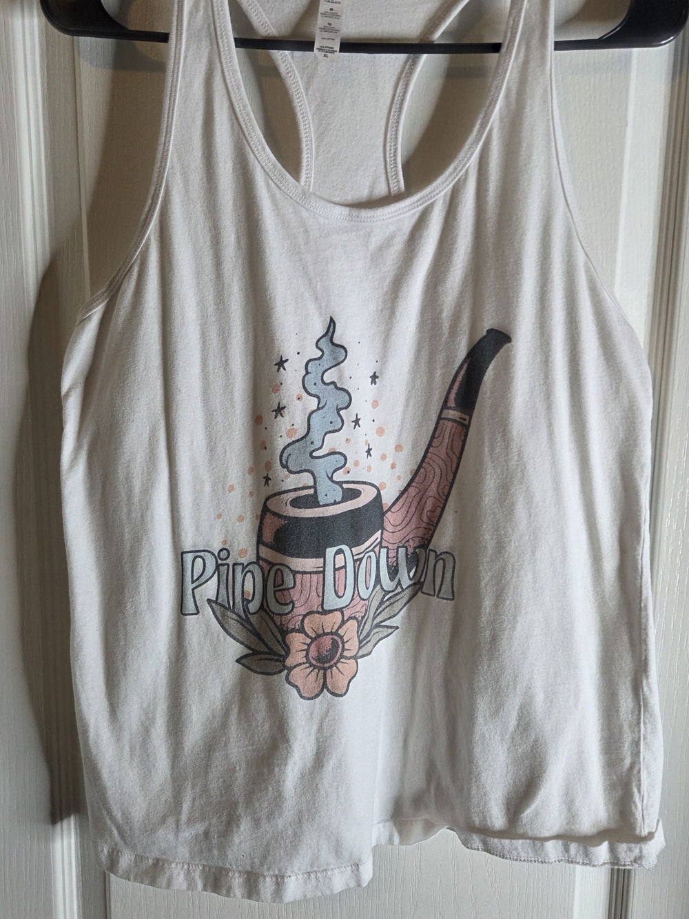 White Graphic Racerback Tank Top with Pipe Design